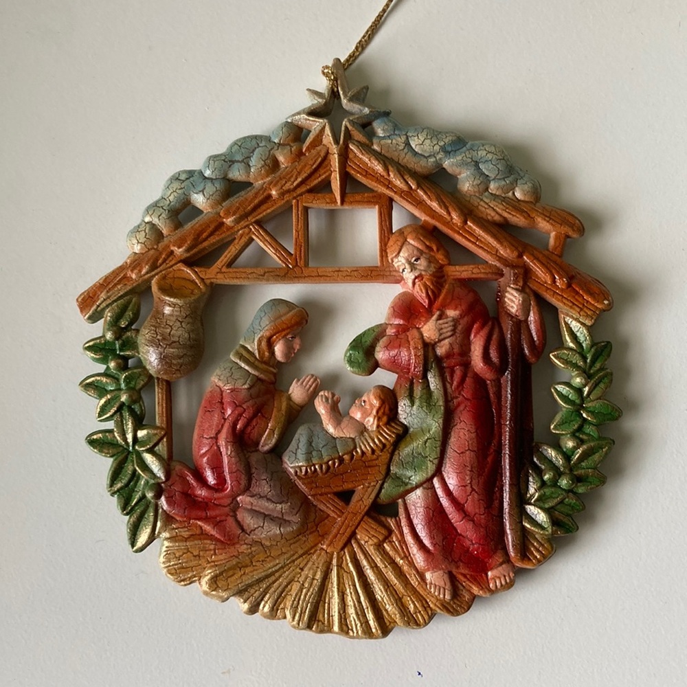 Vintage 60s 70s Christmas ornament double sided manger nativity scene
